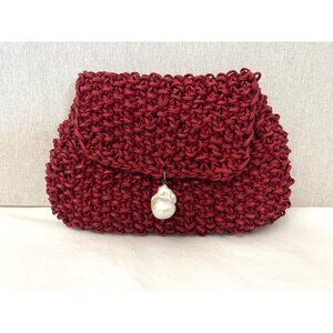 Grazia Marica Vozza Red Handwoven Clutch With Pearl Accent